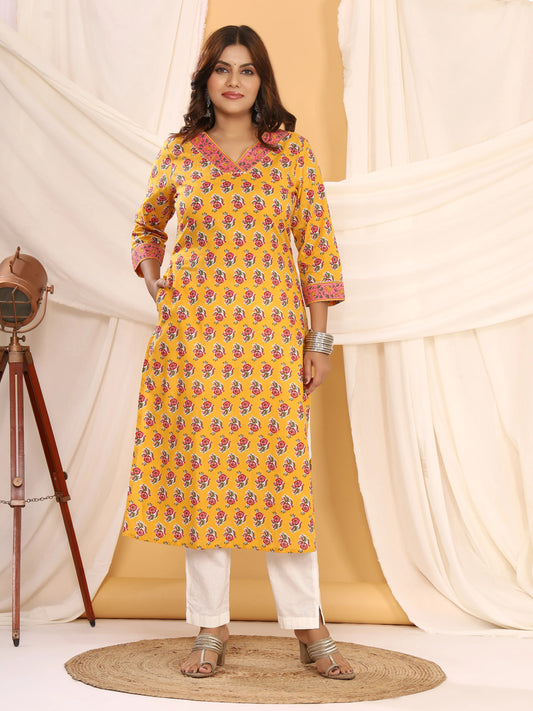 Sanganeri Rose Print Mustard Cotton Kurti