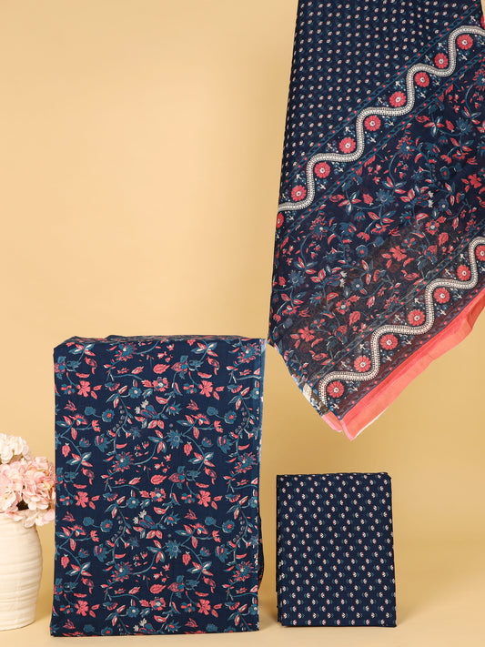 Women's Pure Cotton Sanganeri Print Unstitched Suit Set – Navy Blue & Coral Floral Design