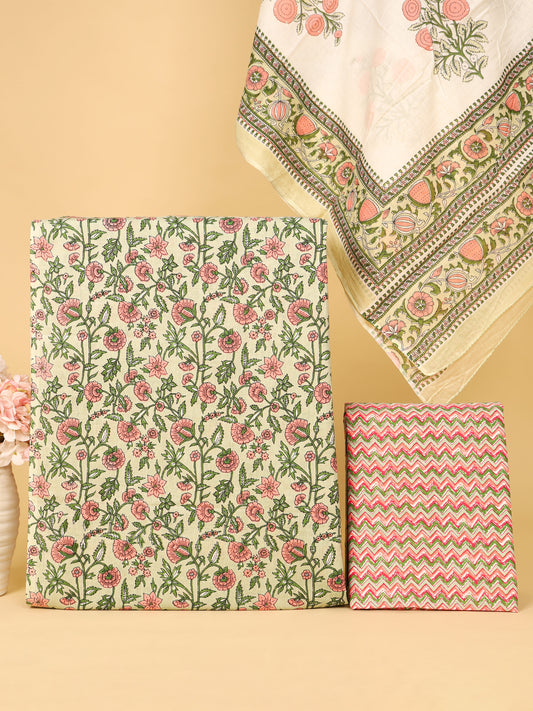 Women's Pure Cotton Sanganeri Print Unstitched Suit Set – Pastel Green & Peach Floral Design