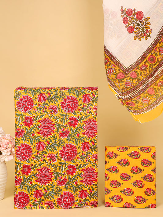 Women's Pure Cotton Sanganeri Print Unstitched Suit Set – Mustard Yellow & Red Floral Design