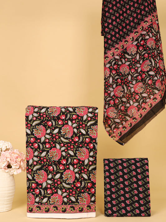 Women's Pure Cotton Sanganeri Print Unstitched Suit Set – Black & Red Floral Design
