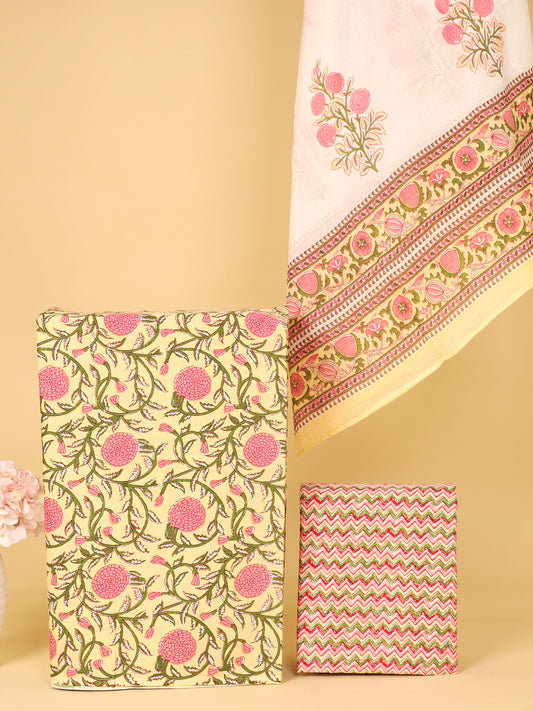 Women's Pure Cotton Sanganeri Print Unstitched Suit Set – Lemon Yellow & Pink Floral Design