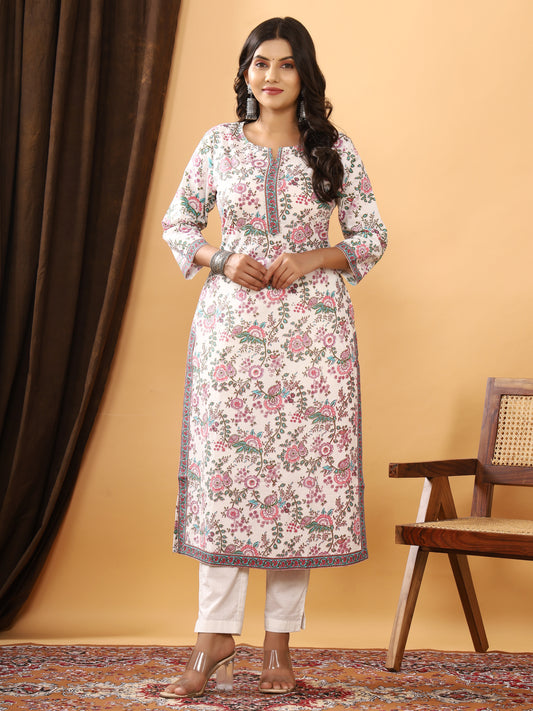 Sanganeri Floral Print White Cotton Kurti