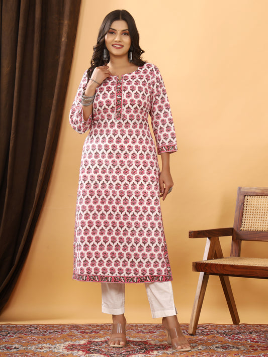 Sanganeri Buti Print White Cotton Kurti
