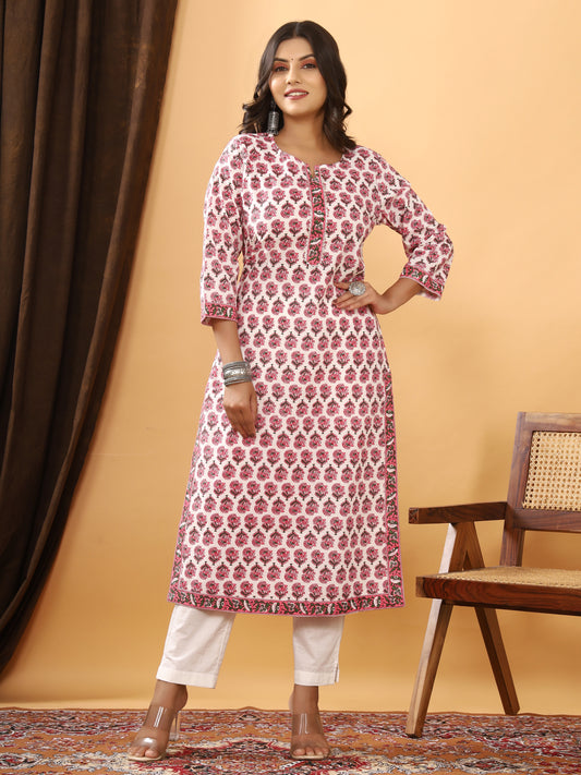 Sanganeri Buti Print White Cotton Kurti