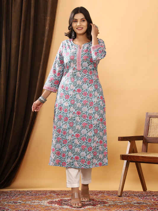 Sanganeri Floral Print Blue Cotton Kurti