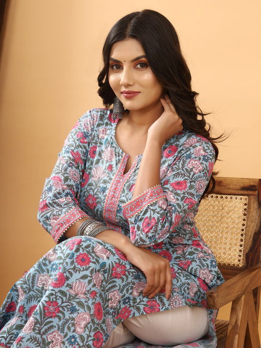 Sanganeri Floral Print Blue Cotton Kurti