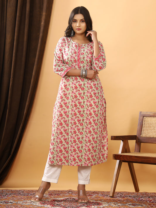 Sanganeri Floral Print Pale Cotton Kurti
