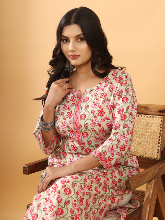 Sanganeri Floral Print Pale Cotton Kurti