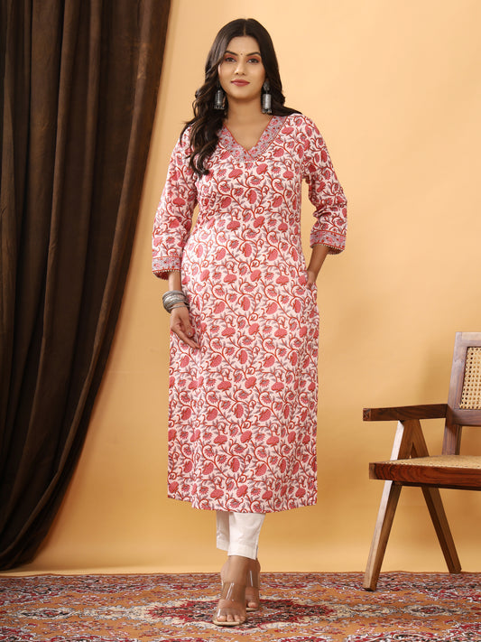 Sanganeri Floral Print Pink Cotton Kurti