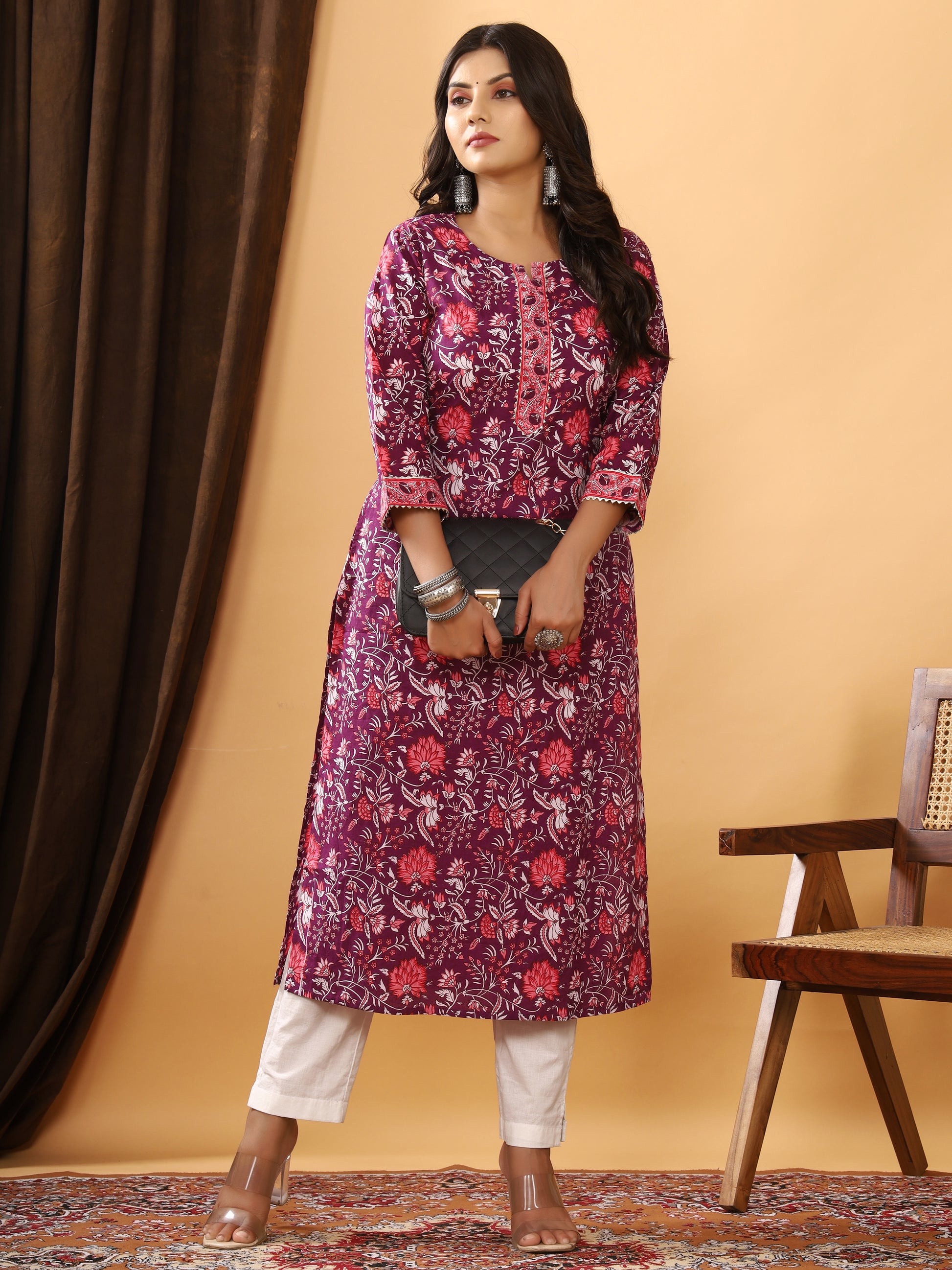 Sanganeri Floral Print Wine Cotton Kurti