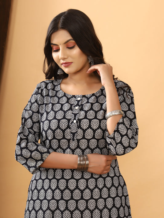Sanganeri Buti Print Black Cotton Kurti