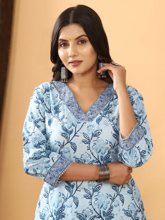 Sanganeri Floral Print Sky Blue Cotton Kurti