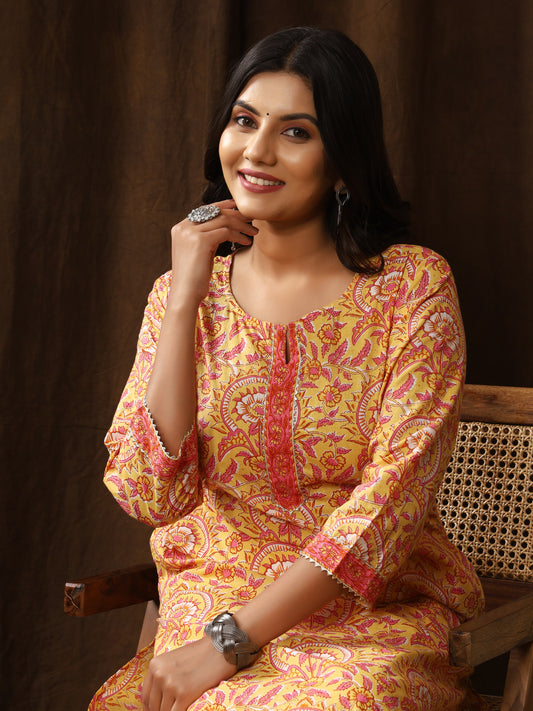 Sanganeri Floral Print Yellow Pink Cotton Kurti