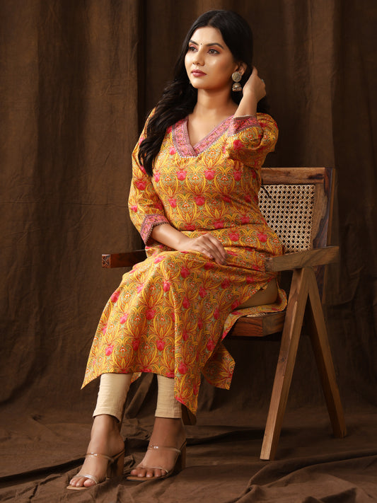 Sanganeri Gulbahar Floral Print Yellow Cotton Kurti