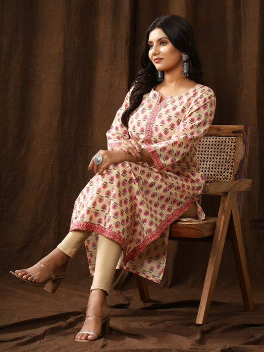 Sanganeri Gulmohar Buti Print Light Yellow Cotton Kurti