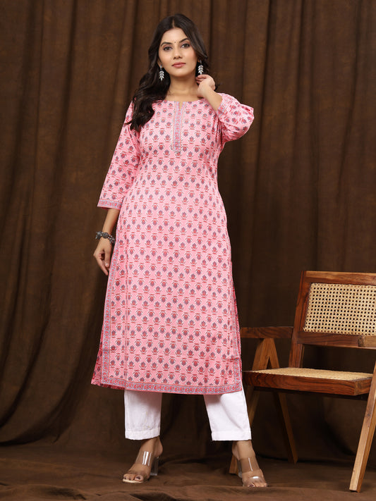Sanganeri Buti Print Pink Cotton Kurti