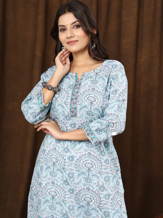 Sanganeri Buti Jaal Print Grey Cotton Kurti
