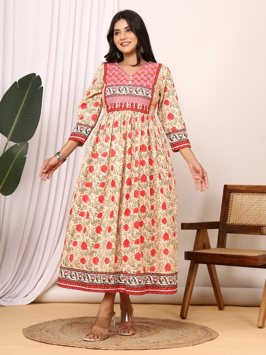 Sanganeri Buti Print Baige Cotton Kurti with Side Pockets