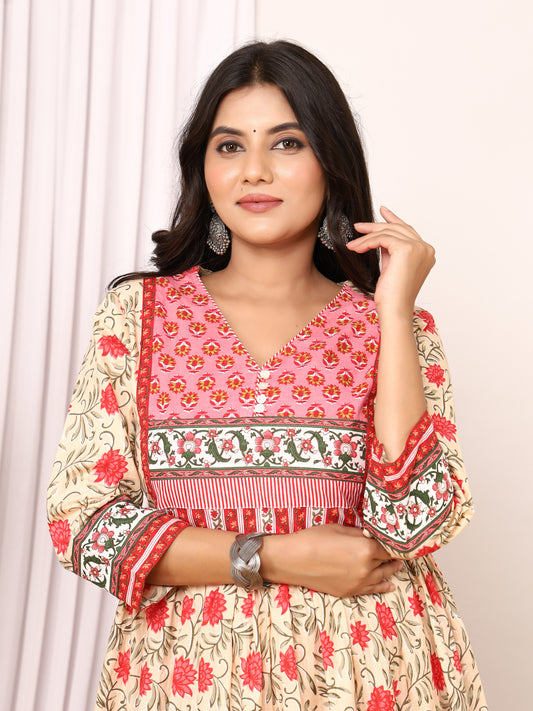 Sanganeri Buti Print Baige Cotton Kurti with Side Pockets