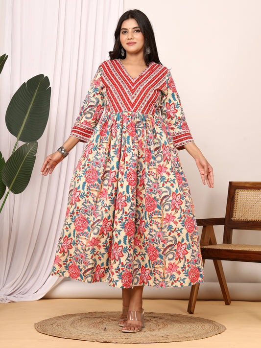 Sanganeri Printed Anarkali Kurti with Side Pockets