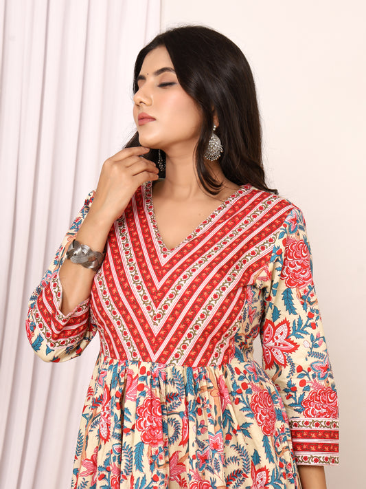 Sanganeri Printed Anarkali Kurti with Side Pockets