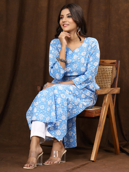 Sanganeri Floral Print Blue Cotton Kurti