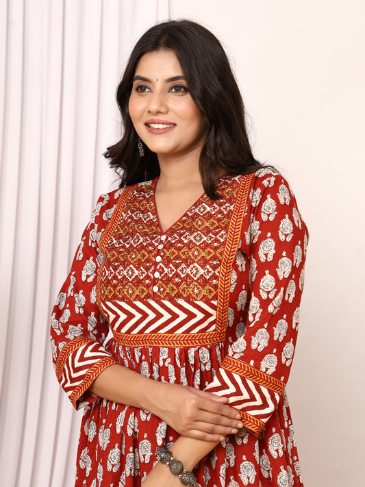 Sanganeri Printed Mehroon Cotton Kurti with Side Pockets