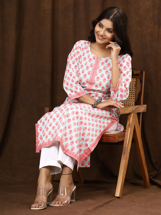 Sanganeri Buti Print Light Blue Cotton Kurti