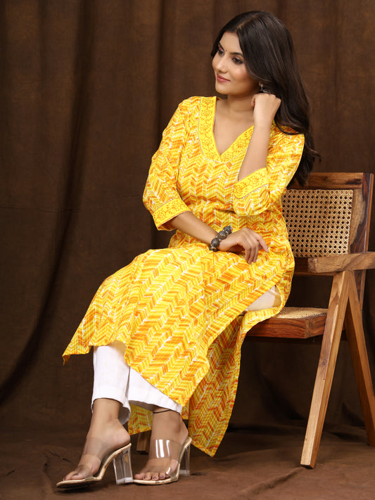 Sanganeri Zig Zag Print Yellow Cotton Kurti