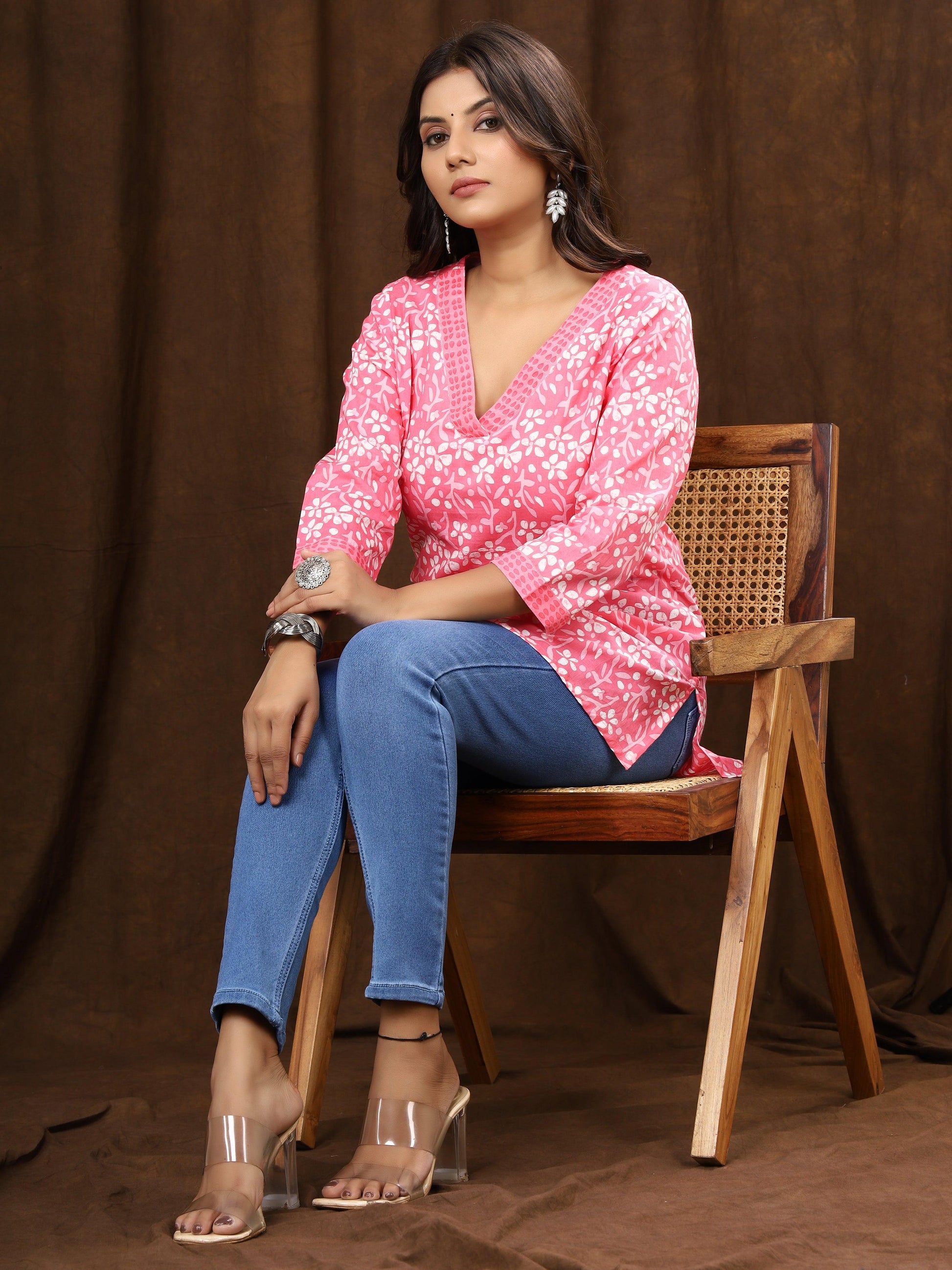 Sanganeri Petal Print Pink Cotton Top