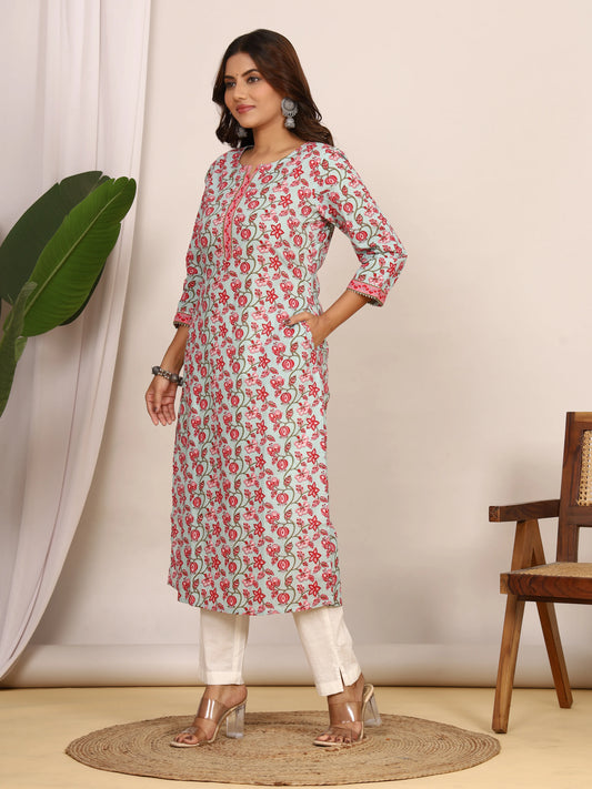 Sanganeri Pink Floral Print Light Blue Cotton Kurti