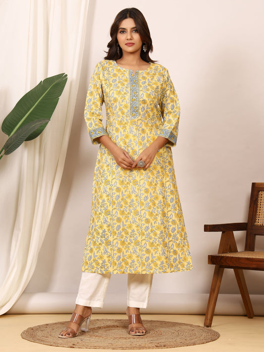 Sanganeri Sunshine Yellow Floral Pure Cotton Kurti