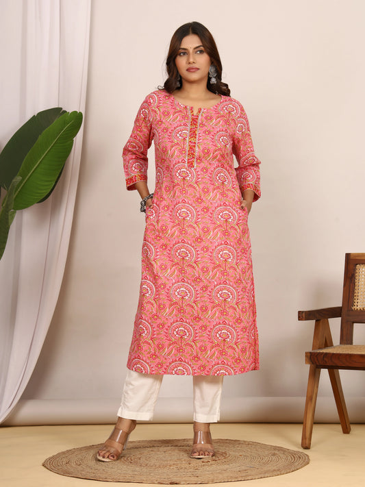 Sanganeri Vibrant Pink Floral Cotton Kurti