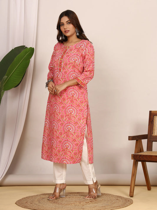 Sanganeri Vibrant Pink Floral Cotton Kurti
