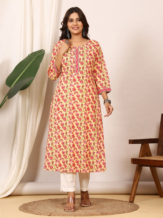 Sanganeri Lemon Yellow Floral Pure Cotton Kurti