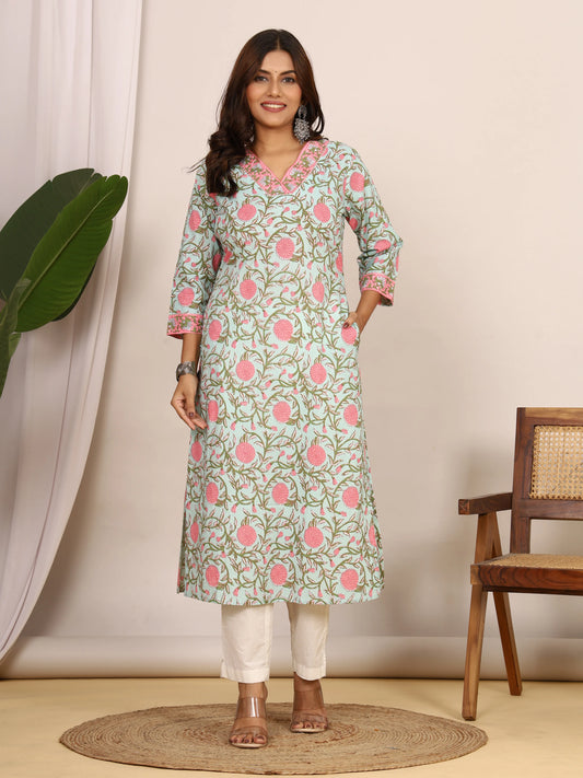 Sanganeri Bold Floral Seafoam & Pink Cotton Kurti