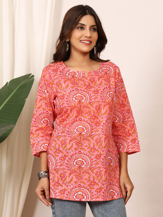 Pink & White Floral Mughal Block Print Pure Cotton Top