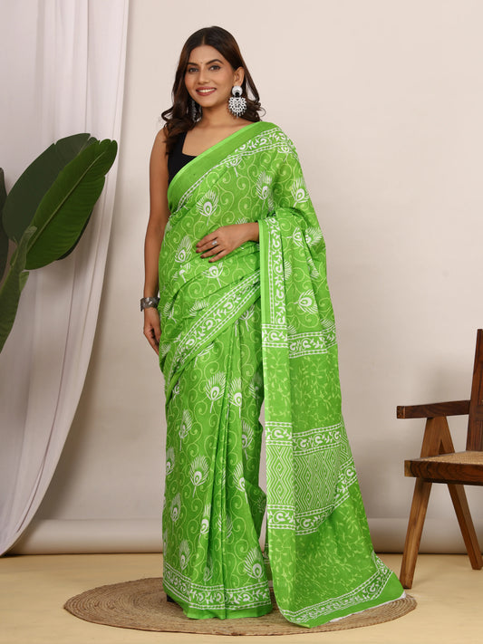 Pure Cotton Lime Green and White Saree with Traditional Peacock Block Print