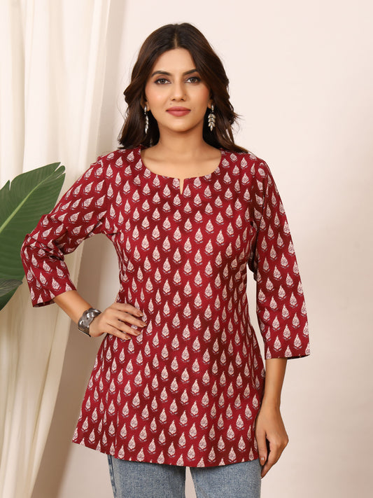 Maroon & White Leaf Dye-Discharge Pure Cotton Top