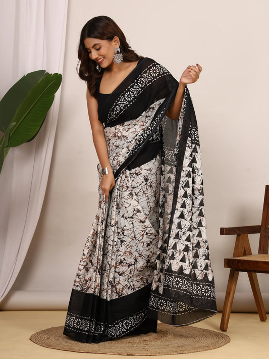Pure Cotton Black and White Batik Saree with Geometric Block Print