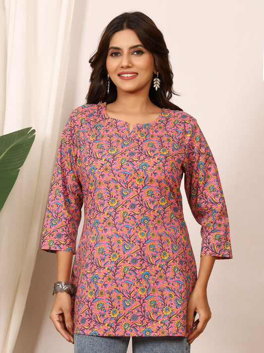 Pink & Blue Floral Block Print Pure Cotton Top