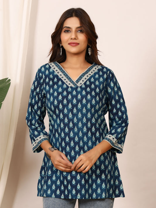 Teal Blue & White Double Shade Discharge Pure Cotton Top