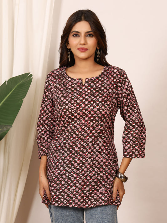 Black & Red Tiny Floral Block Print Pure Cotton Top