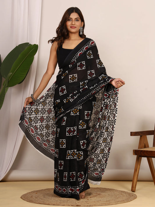 Pure Cotton Black Saree with Multi-Color Geometric Floral Block Print
