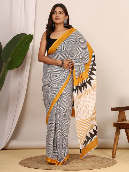 Pure Cotton White and Black Saree with Mustard Accents and Bold Geometric Print