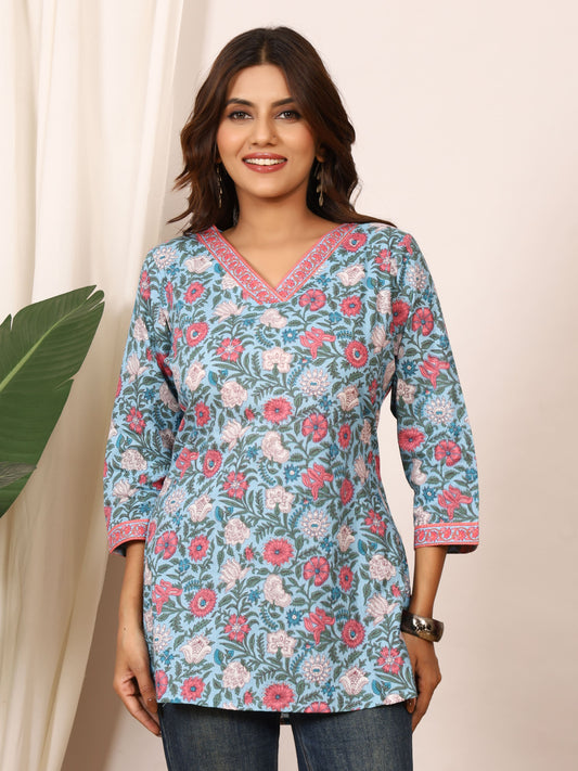 Sky Blue & Pink Floral Block Print Pure Cotton Top