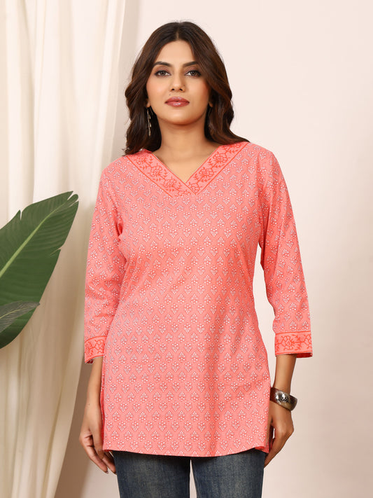 Coral Peach & White Floral Block Print Pure Cotton Top