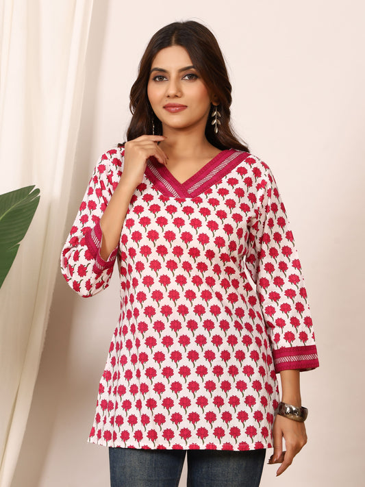 White & Rose Pink Floral Block Print Pure Cotton Top