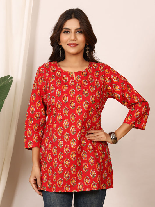 Red & Yellow Floral Motif Block Print Pure Cotton Top